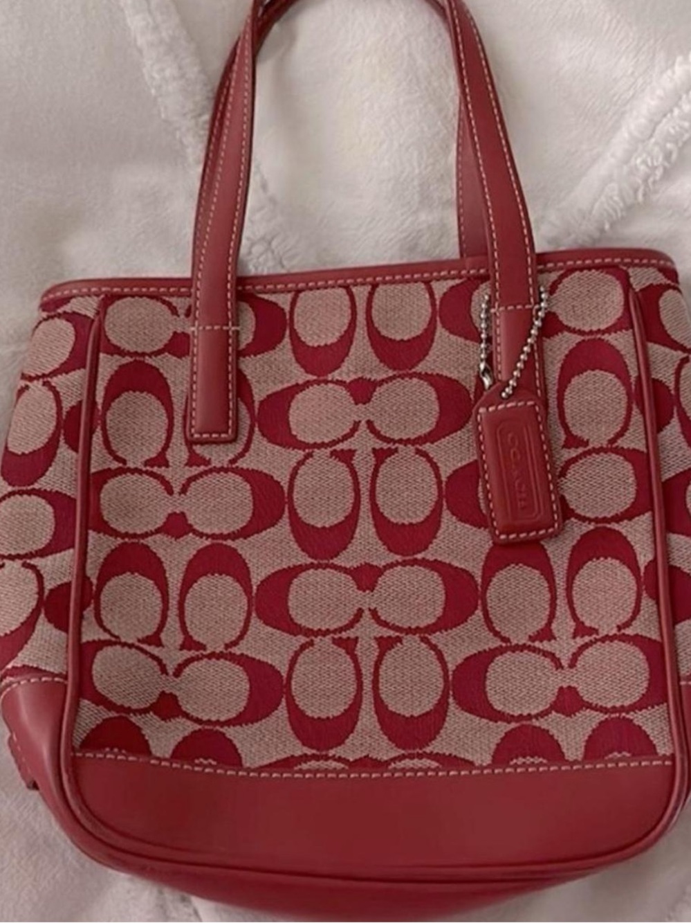 Coach Red Signature Canvas Tote with Leather Trim